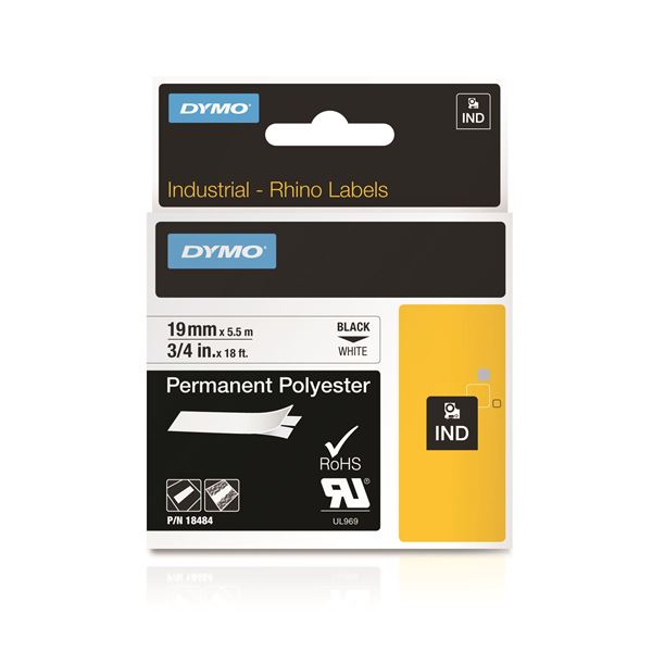 DYMO Genuine Rhino Industrial Labels -Permanent Polyester 19mm, Black on White.For labeling panels, blocks, faceplates, shelves, bins, beams &more. RoHS compliant. Temperature Rating -40C to +150C.