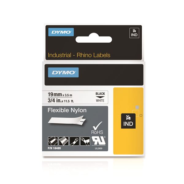 DYMO Genuine Rhino Industrial Labels-Flexible Nylon 19mm Black on White. Industrial-strength tear- proof. Resists moisture, UV light & more. RoHS compliant Temperature Rating -25.56C to +80