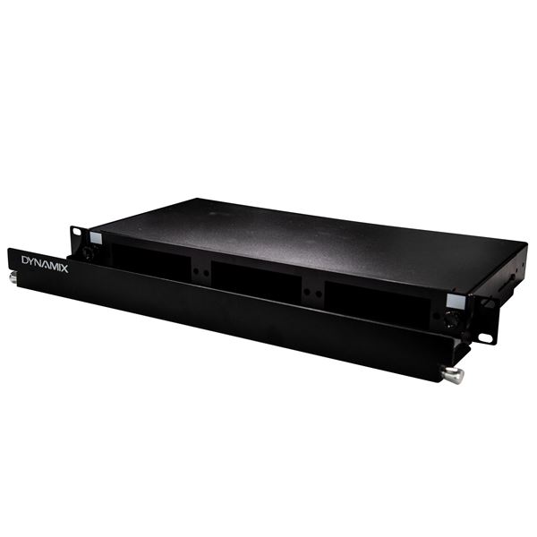 DYNAMIX 19'' 1U Fibre Patch Panel Three Slot. Metal Sliding Drawer Black. Supplied with 2x 24 Port Splice Cassette, Cable Management Accessories & Cable Gland, with Front Management.