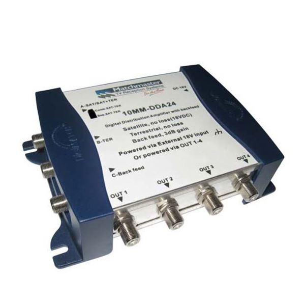 MATCHMASTER 2x 4 Digital Distribution Amplifier with 4x Outputs, 2x Switchable Inputs and Active Backfeed. *** SKY & Freeview Compatible ***