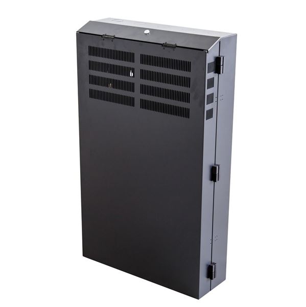 DYNAMIX 6RU Vertical Wall Mount Cabinet with 2RU Horizontal Mounting Rails. (650 x 320 x 1070mm external). Lockable front door. door. Front and side ventilation slots. Black