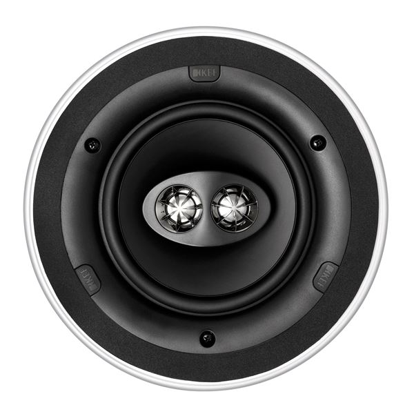 KEF Ultra Thin Bezel 6.5'' Dual Stereo Round In-Ceiling Speaker. Asymmetrical tweeter island for wide off-axis response. 19mm aluminium dome tweet & tangerine waveguide. 160mm Bass driver