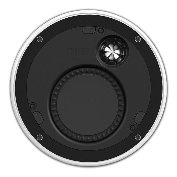 KEF Ultra Thin Bezel Low Profile 4.5in Round In-Wall/Ceiling Speaker 115mm LF Driver , 25mm aluminium waveguisde tweeter, 36mm mounting Depth. Paintable Grille. Weather Resistant,Sold individually
