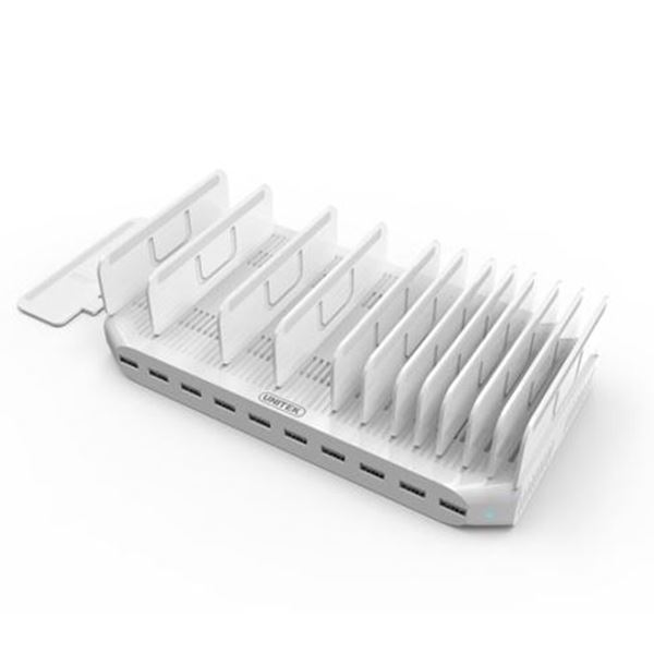 UNITEK 10-Port 96W Smart Charging Station with 10x 2.4A USB-A Ports. Power: 96W. Over-charge, Over Voltage, Over Heating & Short Circuit Protection. Includes Adjustable Separators.