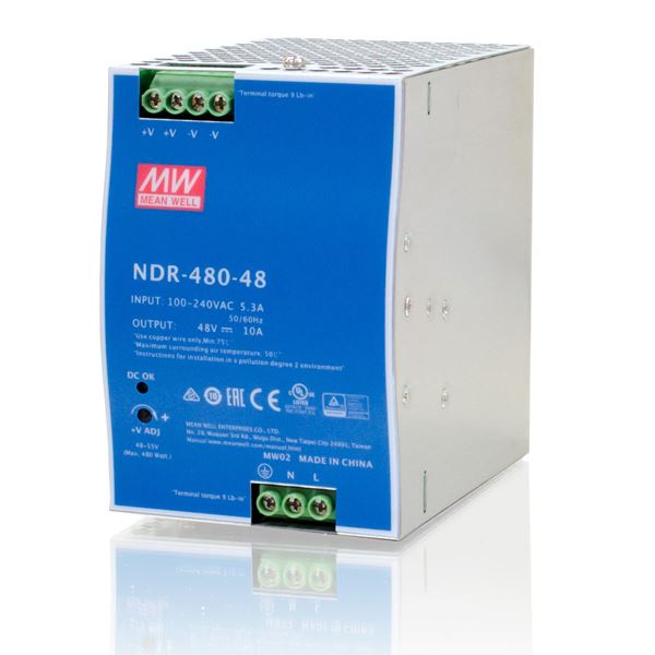 CTC UNION 48V/480W DIN Rail Mount Power Supply with Short circuit, Overload & Over Voltage Protection. LED Indicator. -20 ~ 70C. 10A Rated Output Voltage 48~55VDC. Heavy Industry Grade