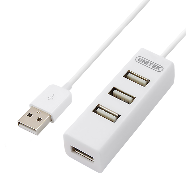 UNITEK USB-A 2.0 4-Port Hub. Plug & play. Backward compatible with USB1.1. Supports data transfer up to 480Mbps. White Colour.