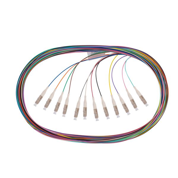 DYNAMIX 2M LC Pigtail OM3 12x Pack Colour Coded, 900um Multimode Fibre, Tight Buffer LSZH Jacket