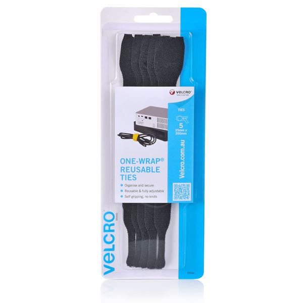 VELCRO Brand 25mm x 200mm ONE-WRAP Reusable Hook & Loop 5 Pack Cable Ties. Self Gripping Super-strong Strap Wraps Around Items of Almost any Shape. Ideal for Wire Control.