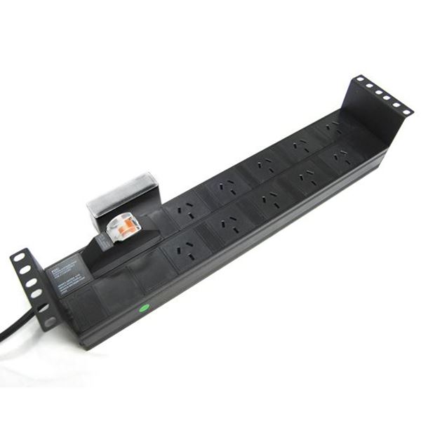 DYNAMIX 10 Outlet 2RU Horizontal Power Rail (10A) with 6kVa C-Curve MCB Circuit Breaker, on/off switch & 50mm Recessed Brackets. Cord with 10A 3 Pin Plug, Colour Black