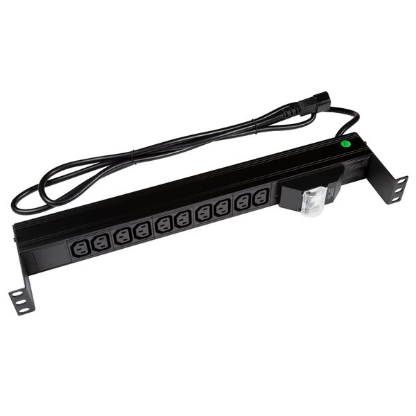 DYNAMIX 10 Outlet Horizontal Power Rail (10A IEC C13) with 6KA C-Curve Circuit Breaker. Integrated 2m power cord (10A IEC C14) 1RU. Colour Black.