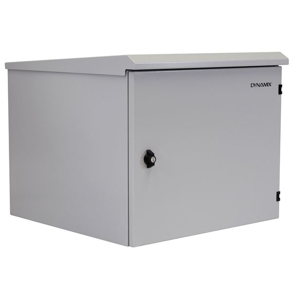 DYNAMIX 9RU Outdoor Wall Mount Cabinet. External Dims 611x525x515. IP65 rated. Lockable front door. No fans or filters. Wall mount included. Made from rolled steel. Grey
