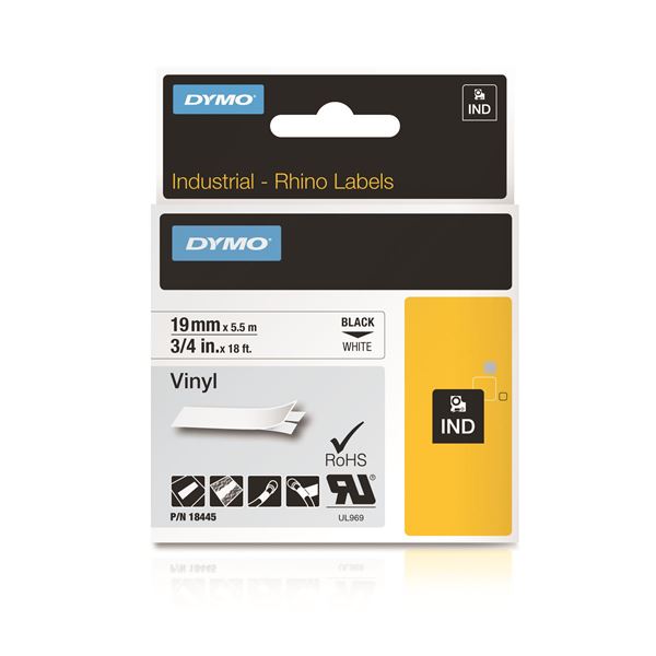 DYMO Genuine Rhino Industrial Vinyl Labels.19mm x 5.5m. Black on White. Compatible with DYMO Rhino Industrial labellers, LabelManager labellers and the LabelWriter 450 Duo.