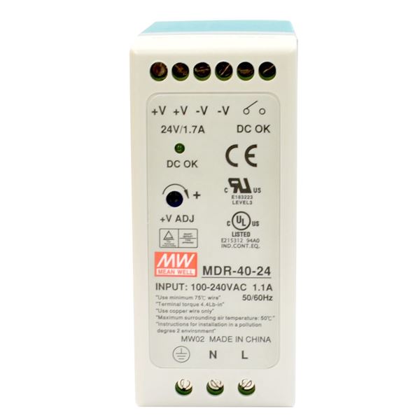 CTC UNION 24V/40W Din Rail Mount Power Supply with Short circuit, Overload & Over Voltage Protection. LED Indicator. -20C~70C. Input 85V~ 264V AC. Output 24V DC/1.7A/40.8W.