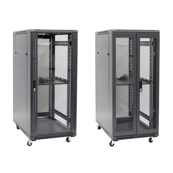 DYNAMIX 27RU Server Cabinet 600mm Deep (600 x 600 x 1410mm) Includes 1x Fixed Shelf, 4x Fans, 25x Cage Nuts, 4x Castors & 4x Level Feet. 1000kg static load Glass front door mesh rear door. 6-Way PDU installed