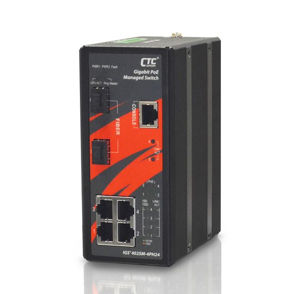 CTC UNION 4 Port Gigabit Managed PoE Switch. -10C ~60C. 4x 10/100/1000Base-T(X), plus 2x100 /1000Base-X SFP.PoE+ power budget 120W. Power consumption V DC/W: 24/135.2, 48/132.5. Din-kit incl.