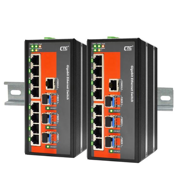 CTC UNION 8 Port Gigabit Managed Switch. -10C~60C. 8x 10/100/1000Base-T(X), +3 x100/ 1000Base-X SFP (Total 11x ports). Power consumption V DC/W:12/8.5, 24 /9.1, 48/10.6. Dinmount kit inclu.