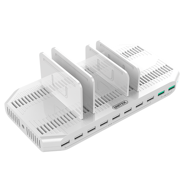 UNITEK 10 Port USB Smart Charging Station (8 Port 2.4A USB-A + 2x Port QC 3.0 USB-A). Max Power: 90W . Rapid charging. Over-charge, over voltage, over heating and short circuit protection.