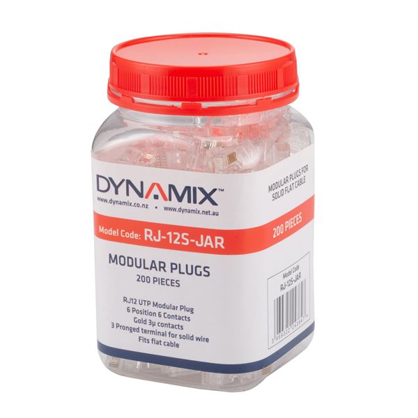 DYNAMIX RJ12 Plug 200pc Jar, 6P6C Modular Plug. 3 Micron. Compatible with Stranded and Solid Cable.