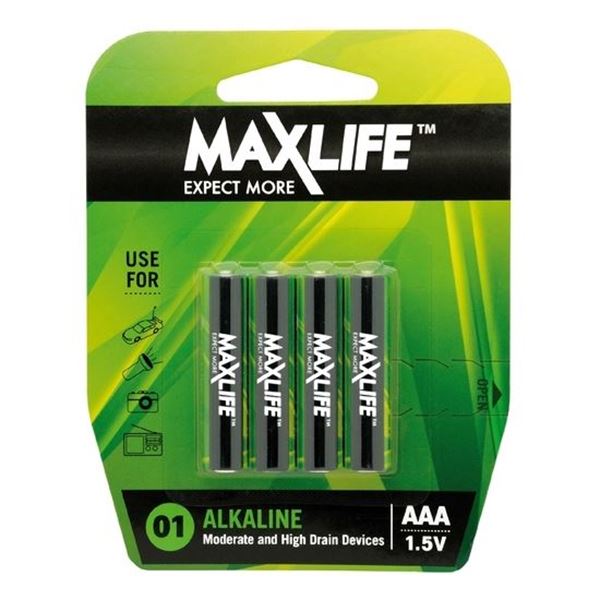 MAXLIFE AAA  Alkaline Battery 4 Pack Long Lasting Alkaline Formula. Designed For Everyday and High Drainage Devices. Long Shelf Life. No Mercury or Cadmium.