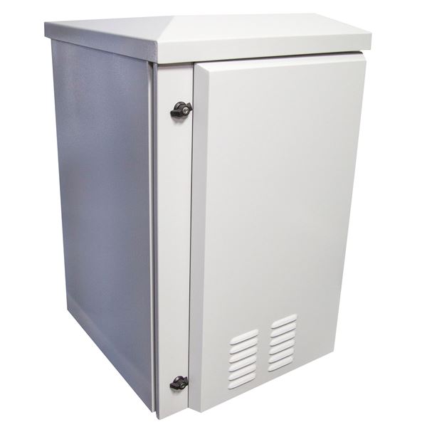 DYNAMIX 9RU Vented Outdoor Wall Mount Cabinet. Ext Dims 611x433x560 IP45 rated. Lockable front door. Supplied with dual extractor fans. and input/output air filters. Made from rolled steel. Grey