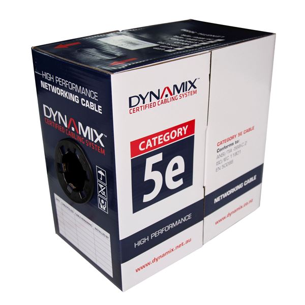 DYNAMIX 305m Cat5E UTP EXTERNAL Solid Cable, 24AWGx4P 100MHz, UV Stabilised Black PE Jacket, Reel box