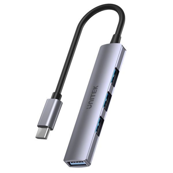UNITEK 4-in-1 USB Multi-port Ultra Slim Hub with USB-C Connector. Includes 1x USB3.0 Port & 3x USB2.0 Ports. 30cm Cable. Space Grey
