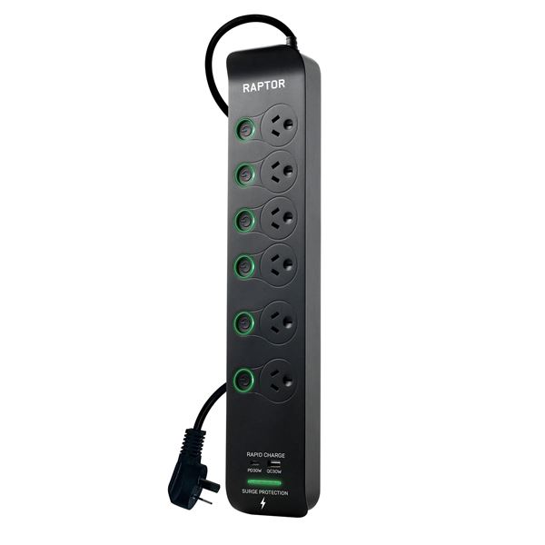 JACKSON 6-Way Raptor Powerboard with Surge & Overload Protection. 6x Individual Push Button LED On/Off  Indicator Switch. Rapid Charge 30W USB Type-C PD & 30W USB Type-A. Surge Diagnostic LED.