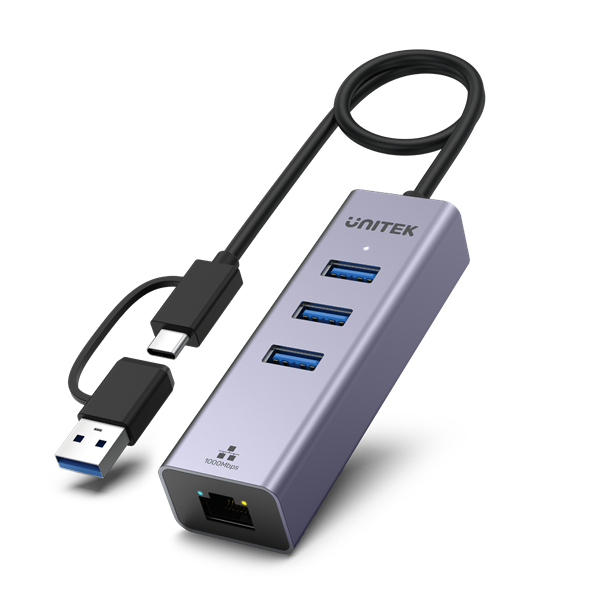 UNITEK 4-in-1 USB Multi-port Hub with 2-in-1 Connectors (USB-C & USB-A). Includes 3x USB-A 3.0 Ports, 1x Gigabit Ethernet RJ45 Port, Plug & Play. AluminiumIn Alloy Housing. Space Grey Colour.
