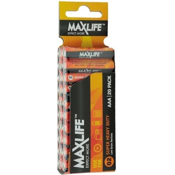 MAXLIFE AAA Super Heavy Duty Battery 20 Pack Long Lasting Carbon Zinc Formula. Designed For Everyday and High Drainage Devices. Long Shelf Life. No Mercury.