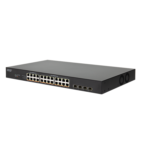 EDGECORE 24 Port Lite L2 Smart Gigabit Web Managed PoE Switch with 24 PoE Ports (90W) and 4 SFP Ports. 480W Power Budget. 6KV Power Surge Protection. Fan-Cooled Design.