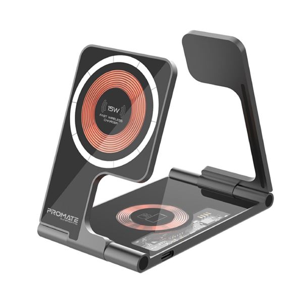 PROMATE 3-in-1 Ultra-Slim Foldable 15W Magsafe Wireless Charging Station. 3W Apple Watch Charger. 5W Airpods Wireless Charger. Pocket-Sized Foldable Design. Includes 1m Cable. USB-C Port.
