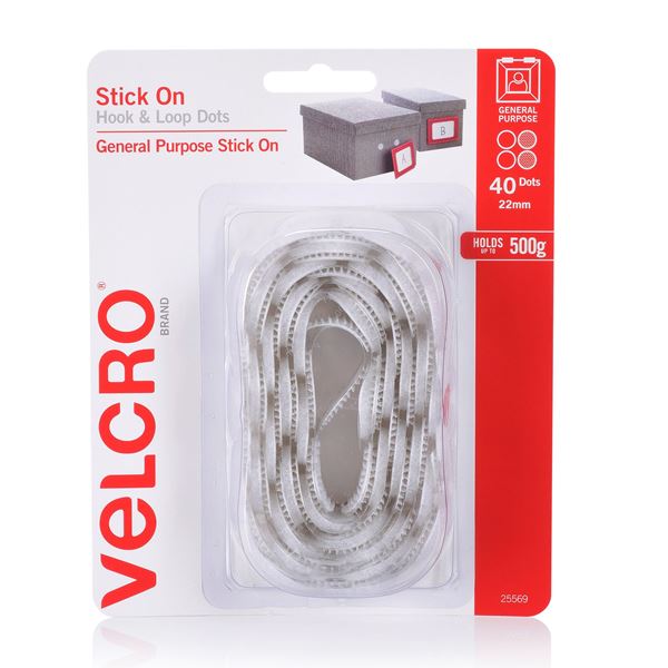 VELCRO Brand 22mm Stick On Hook & Loop Dots. Pack of 40. Designed for General Purpose Simple and Mess-Free. Attach Light Weight Items up To 500g. Perfect for Art,