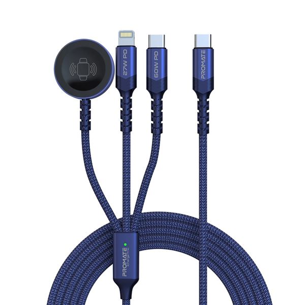 PROMATE 1.5M 5in1 Multi-Connector Charging Cable with Both USB-C & Lightning Connectors Plus Apple Watch Charging Pad. Data & Charge, Supports 60W PD USB-C & 27W PD Lightning, 2.5W Apple Watch. Blue