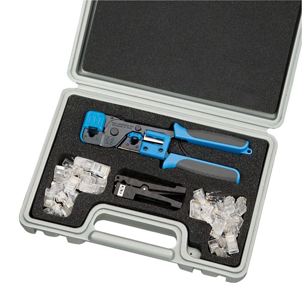 IDEAL INDUSTRIES RJ-45 Cat5e and Cat6 Data Termination Kit. Includes Crimp Tool, Stripper, 50x Cat5e Modular Plugs and Carrying Case.