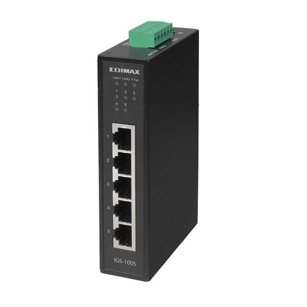 EDIMAX Industrial 5-Port Gigabit DIN Rail Switch.Data Delivery up to 200m @10Mbps Full-Duplex. Supports QoS 802.1p for Video & Voice Traffic Priority. Dual Power Inputs, Surge Protectiion. IP30.
