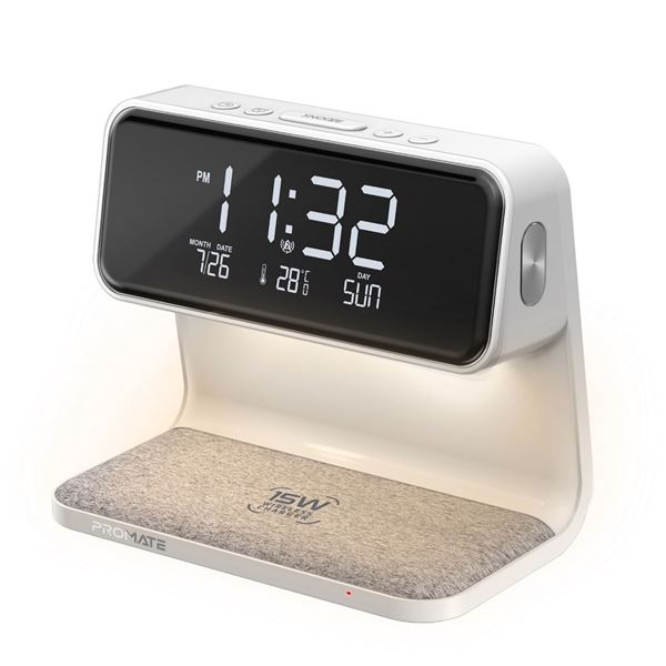 PROMATE 3-in-1 Multi-Function LED Alarm Clock with 15W Wireless Charger. 10.7lm Night Light with 3 Brightness Modes. Dual Alarm with Snooze Function. 12Hr/24Hr Time. Requires Wall Charger - SPAPD20-CA