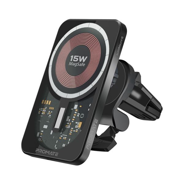 PROMATE 15W MagSafe Transparent In-Car Wireless Qi Phone Charger. Ultra Slim Design with AC Vent Mount & Gooseneck. Strong Magnetic Hold. 360 Degree Rotation. Black Colour.