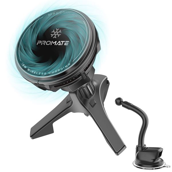 PROMATE 15W ActiveCool Cradleless Magsafe Compatible Wireless Charger Mount. Includes Gooseneck Dash & AC Vent Mount. Cools Device up to 15c, 360 Rotatable Design, Anti-Shake Design.