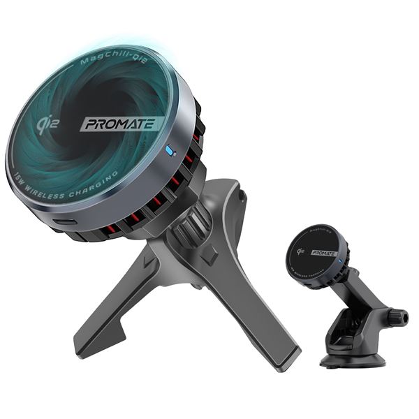 PROMATE 15W ActiveCool Cradleless Qi2 Wireless Smartphone inCar Charger Mount. Supports MagSafe 15W, Includes Both Vent & Dashboard Mount, Active Device Cooling up to 15C, 1.2m Cable Included.