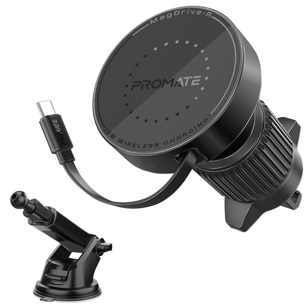 PROMATE 15W MagSafe Compatible Incar Phone Wireless Charger with Retractable 1m USB-C Connector Cable. Dashboard or AC Vent Mount, 360 Rotatable Cradleless Design, Black Colour.