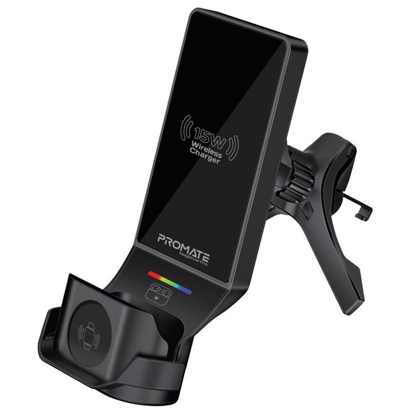 PROMATE 15W 3-in-1 MagSafe InCar Qi2 Phone Wireless Charging Station Mount. Includes Both Vent & Dashboard Mount, 4.5W AirPods Charger, 3.5W Apple Watch Charger, LED Light Indicator, 1m Cable Incl