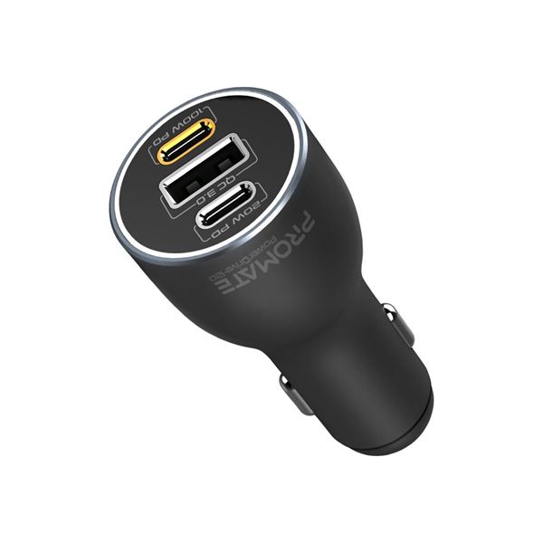 PROMATE 120W PD In-Car Phone, Tablet, Notebook/Macbook Charger. Dual USB-C Ports, 1x USB-A Port, QC 3.0, Charge 2x Devices Simultaneously, Sleek & Compact, Universal Compatibility. Black.
