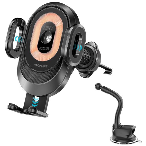 PROMATE 15W Transparent Auto Clamping Wireless Charging Car Mount. Takes 4.7-6.7" Devices. Includes Gooseneck & AC Vent Mount. Anti Slip Base. Over-Heat Protection. Case Friendly. Black