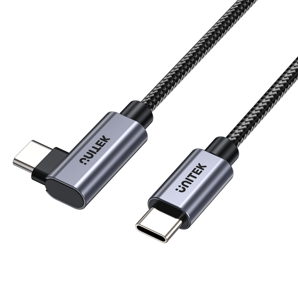 UNITEK 3m USB-C to Right Angled 90 Degree USB-C Connector. Supports 100W PD Fast Charging & USB PD3.0/ QC3.0. Supports 20/5A. Data Transfer Speed up to 480Mbps. Aluminium Alloy/Space Grey.