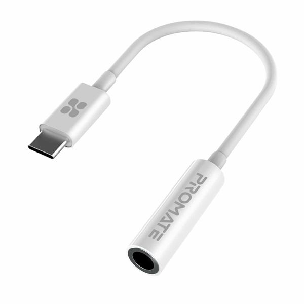 PROMATE Dynamic Stereo USB-C to 3.5mm AUX Headhone Jack Adapter. Digital to Analog Converter. Supports Music & Calls, 120mm Length. White Colour.
