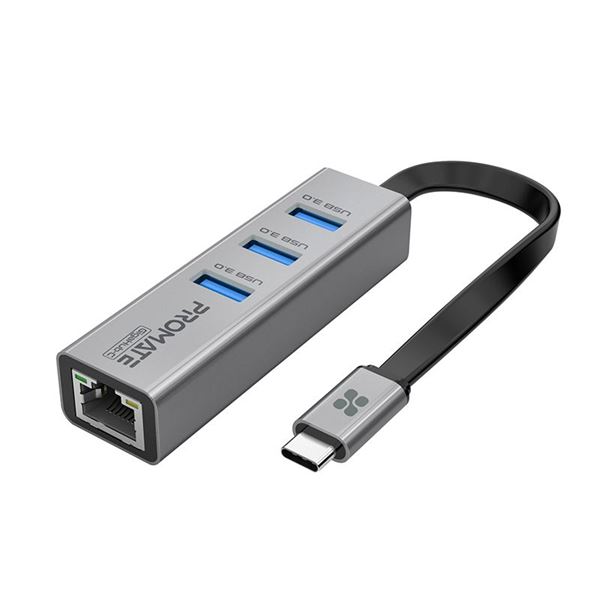 PROMATE Multi-Port Hub with Ethernet Port & USB-C Connector. 3x USB-A 3.0 Ports, 1000Mbps Ethernet, 5Gbps Transfer Speed. Plug & Play. Supports Both Mac & PC. Grey Colour.