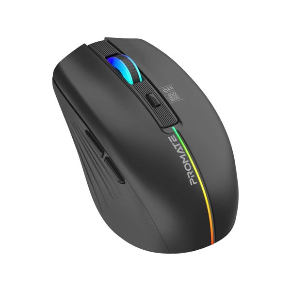 PROMATE Ergonomic Wireless Optical Mouse with LED Rainbow Lights & 500mAh Rechargable Battery. 10m Range. Plug & Play. Supports 800/1200/1600 DPI High Precision. Amidextrous Design. Black Colour.