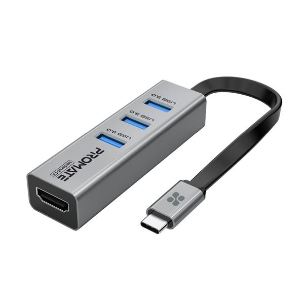 PROMATE 4-in-1 USB Multi-Port Hub with USB-C Connector. Includes 3x USB-A 3.0 Ports & 1x HDMI Port. Supports 4K@30Hz. Easy Instal Plug & Play. Grey Colour.