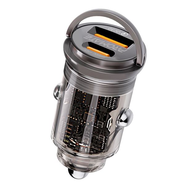 PROMATE 65W Quick Charging In-Car Adapter for Tablets & Smartphones. 65W PD USB-C Port for PC & Tablets, Quick Charge (QC) USB-A Port, Transparent Design, Super-Mini Small Adapter.