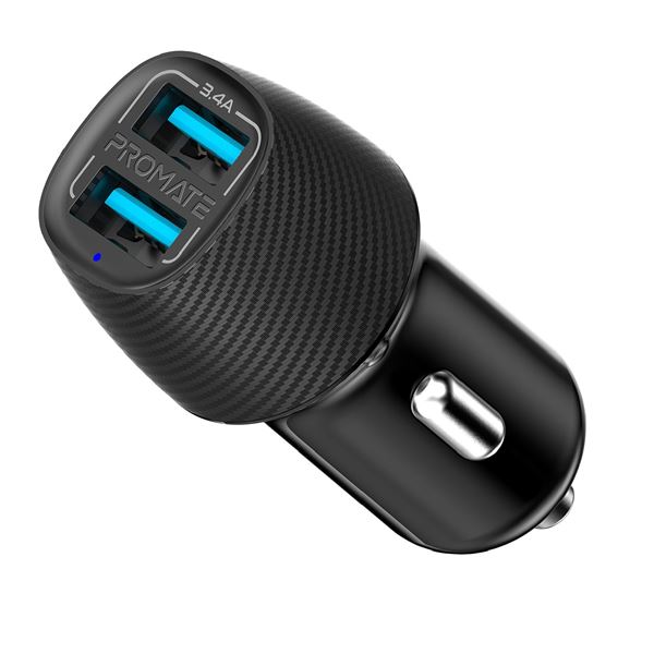 PROMATE 3.4A Dual Port USB-A Car Charger. Charge 2 Devices at the Same Time. Short-Circuit & Over Charge Protection. Carbon Fiber Design. Compact & Sturdy. Universal Capatibility. Black Colour.